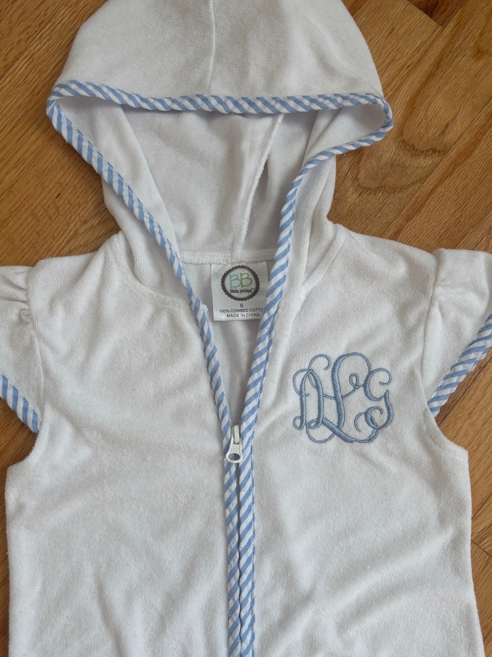 Etsy White Hooded Girls' Coverup Romper with Blue Trim - Picture 2 of 3